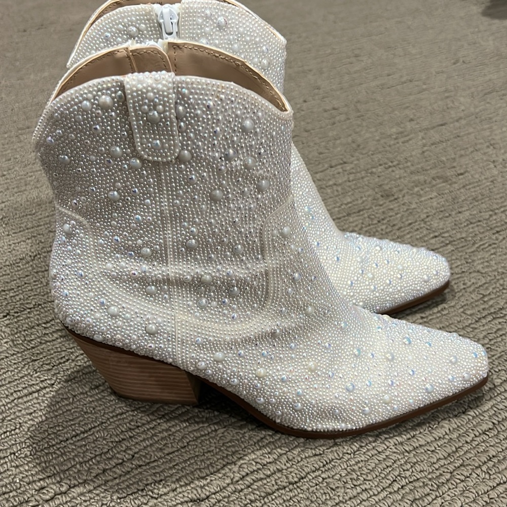 Betsey Johnson White Ankle Boots with Rhinestones - Picture 2 of 5